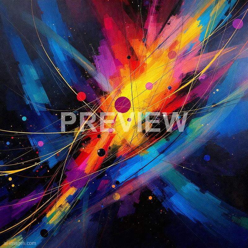 The image features an abstract painting filled with vibrant colors and dynamic brushstrokes. Bright splashes of yellow, red, purple, and blue radiate outward from a central point, with fine gold lines crisscrossing the composition and small circular dots scattered throughout, creating a sense of movement and energy against a dark background. The overall effect is energetic and visually stimulating, resembling a cosmic explosion or burst of light.